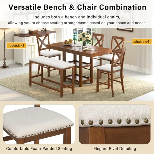 Vista 6 de JIVOIT Farmhouse 6 Piece Dining Table Set, Counter Height Table Set with 4 Chairs and a Bench, Rubber Wood Expandable Bar Table Set with Rivet Gris-3