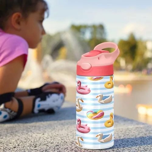 Vista 6 de ALAZA Flamingo Swan Circlen - Botellas de agua para niños con tapas y pajilla, botellas de agua de acero inoxidable con aislamiento de doble pared
