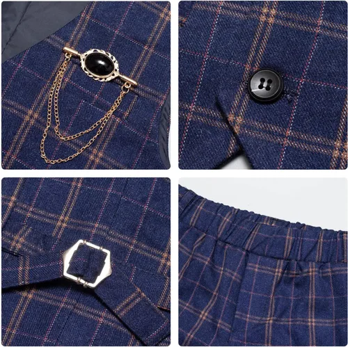 Vista 3 de Conjunto de chaleco y pantalones para niños, vestido a cuadros con camisa, esmoquin formal para boda, traje de portador de anillo de boda, Azul