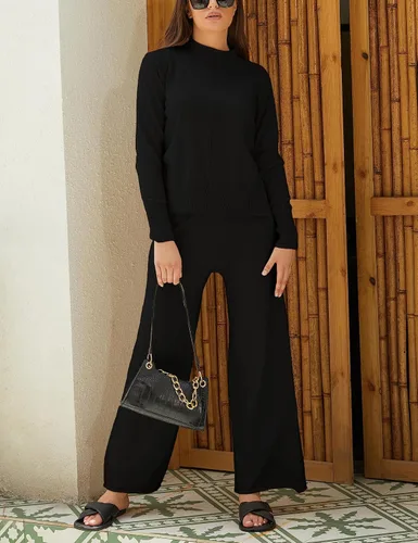Vista 7 de Conjunto de 2 piezas para mujer, sudadera con cuello alto falso, pantalones de pierna ancha, conjuntos de ropa de descanso