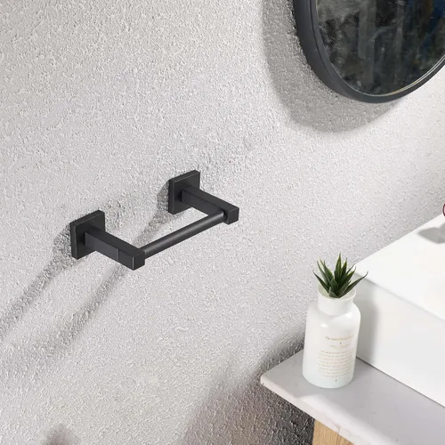 Vista 2 de Toallero de papel higiénico negro, soporte para toallas de baño, soporte de doble poste para toallas de baño, soporte moderno para papel higiénico