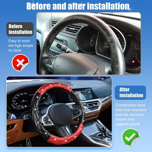 Vista 6 de SuperKaKa Funda para volante negra y roja, accesorios de interior de automóvil de estilo diamante con brillo lindo y cómodo, protector brillante que