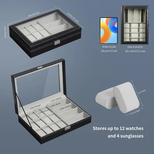 Vista 17 de AUTOARK AW-004 - Caja de cuero para 6 relojes y 3 lentes y gafas de sol con organizador de joyas, cajas de almacenamiento para hombre y mujer, tapa