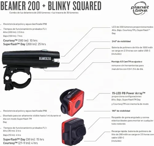 Vista 7 de Planet Bike Juego de luces cuadradas Beamer 200 y Blinky