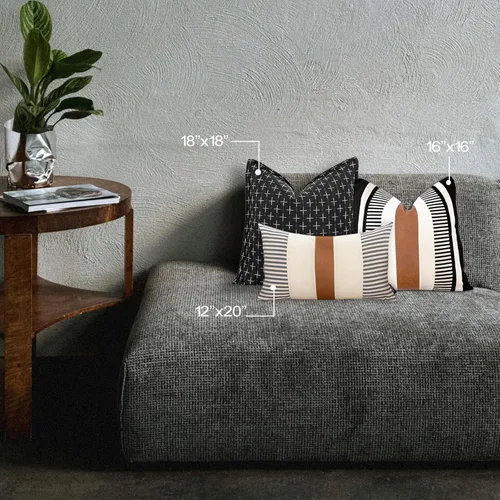 Vista 7 de Juego de 2 fundas de almohada bohemias a rayas de 16 x 16 pulgadas, fundas de almohada de cuero modernas para sofá, cama, decoración de granja