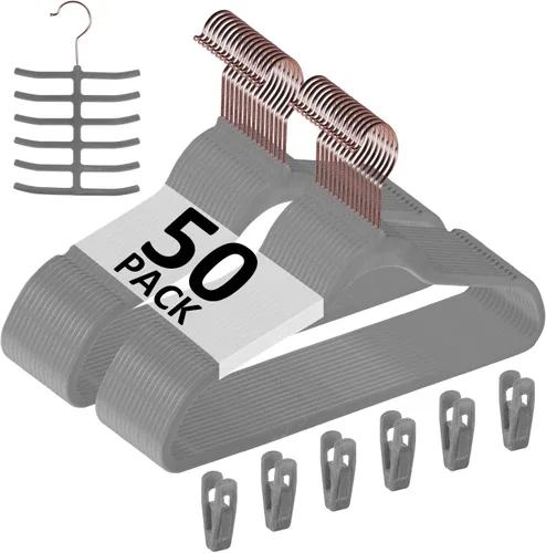 Vista 36 de VECELO Perchas de Terciopelo Premium para Ropa de Servicio Pesado (Paquete de 25) - Antideslizantes y que Ahorran Espacio con 6 Clips para Dedos