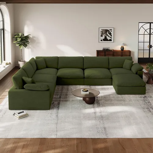 Vista 11 de Sofá modular Cloud para sala de estar, sofás de mezcla de lino en forma de L, modernos sofás de nube de asiento profundo, sofás seccionales Beige