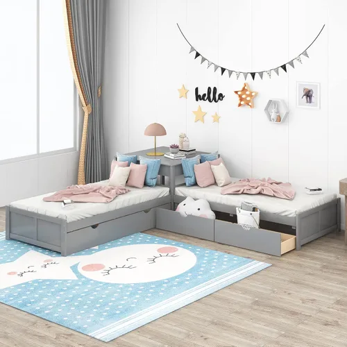 Vista 4 de Harper & Bright Designs Cama de plataforma en forma de L con nido y cajones vinculados con escritorio integrado, marco de cama individual de madera