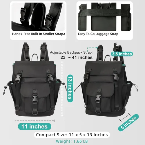 Vista 5 de MOMINSIDE Mochila para pañales con bolsillo grande para artículos húmedos, pequeña bolsa de pañales para niñas y niños, 2 bolsillos aislados, Negro