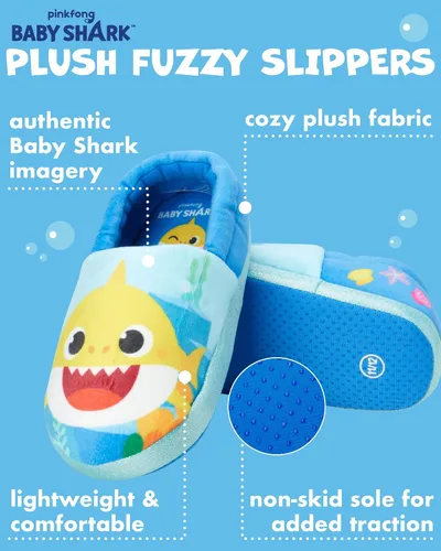 Vista 2 de Nickelodeon Toddler Boys' and Girls Baby Shark Slippers - Plush Fuzzy Slippers, Non-Skid Sole (5-12 ToddlerKid)