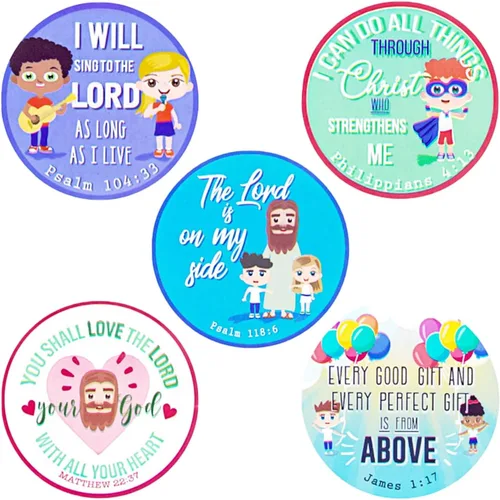 Vista 6 de Rollo de calcomanías con versículo bíblico, calcomanías religiosas para niños, manualidades de escuela dominical, suministros de estudio bíblico