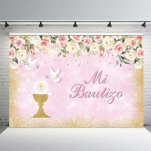Vista 8 de MEHOFOND Mi Bautizo - Telón de fondo para fiesta de bautismo para niños, fondo de fotografía de fondo dorado con texto en inglés "Bless Bles", Azul