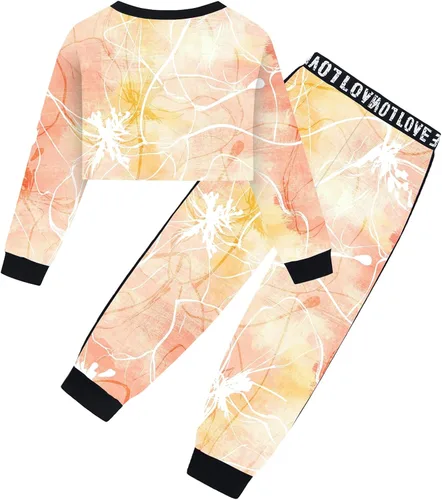Vista 3 de Betusline - Conjunto de 2 piezas para niñas, ropa deportiva con sudadera y pantalones cortos, 4T-14 años Una flor de orilla naranja