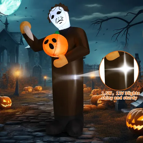 Vista 2 de COMIN Asesino de calabazas inflable de Halloween de 6 pies con LED incorporados, decoración de patio para fiestas de vacaciones en interiores