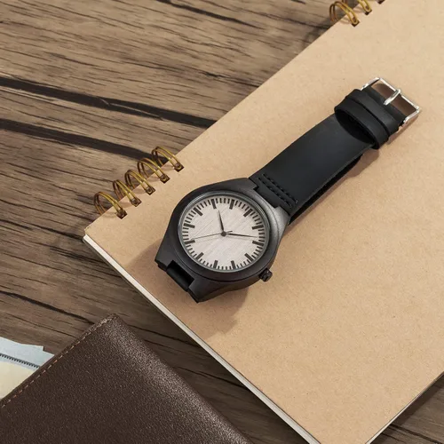 Vista 7 de LEFTLY Reloj de madera para hombre, hecho a mano, ligero, analógico, de madera, con correa de cuero, Negro -, Casual