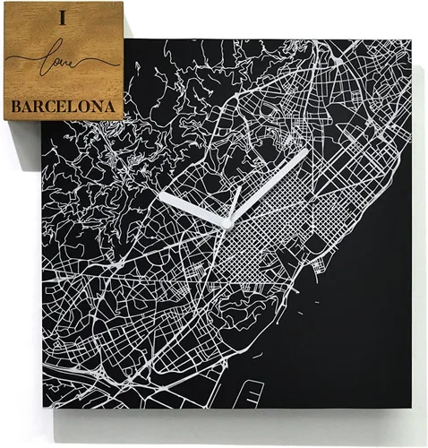 Vista 31 de Modern Wall Clock - Black Aluminum with Silver Fiber Laser Engraving - Square - Contemporary Design - Personalized City Map - Home Town - Location