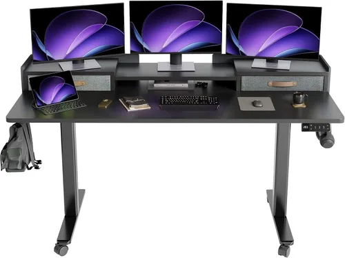 Vista 10 de YDN Escritorio eléctrico de pie ajustable de 2 niveles, color marrón Marrón rústico