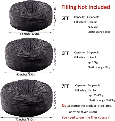 Vista 2 de Funda para silla tipo puf de piel gigante para niños y adultos, (sin relleno), muebles de sala de estar, grande, redondo, suave, esponjoso, de piel