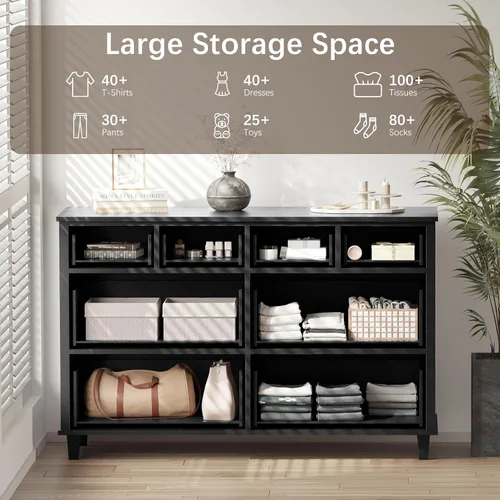 Vista 4 de Cómoda de madera con 8 cajones de 56.3 pulgadas de ancho, cómoda de almacenamiento grande para dormitorio, sala de estar, pasillo, entrada Negro