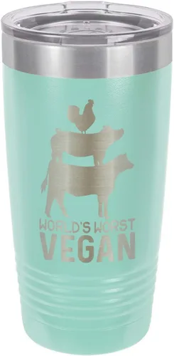 Vista 9 de Taza de viaje con pajita grabada a láser con citas de barbacoa, de la marca World's Worst Vegan, de 20 onzas, para comparar con Yeti Rambler