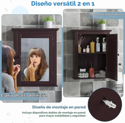 Vista 4 de Botiquín marrón con espejo, almacenamiento ajustable montado en la pared para baño, sala de estar, dormitorio, entrada y cocina