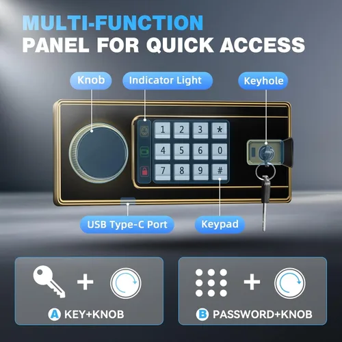 Vista 3 de Caja de seguridad para el hogar, caja de seguridad de acero para oficina y hogar, teclado electrónico digital, sistema de alarma y estante
