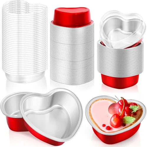 Vista 8 de Moldes grandes en forma de corazón para hornear, 20 juegos de recipientes desechables de papel de aluminio de 9 onzas con tapas, molde