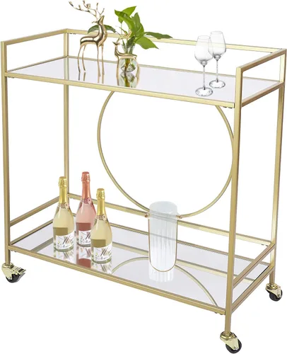 Vista 9 de RiteSune Carrito de bar negro con ruedas, carrito de servir vintage con 2 Carrito de vino vintage con 2 estantes de espejo, carrito de alcohol