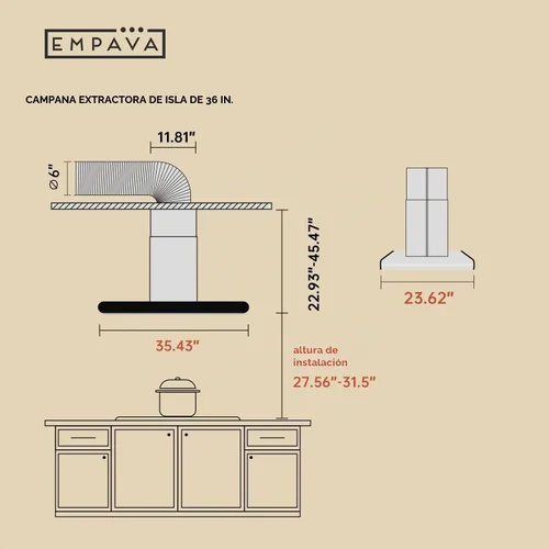 Vista 6 de Empava Campana extractora isla con conductos o sin conductos de 36 pulgadas, ventilación para estufa de cocina con control táctil de doble cara