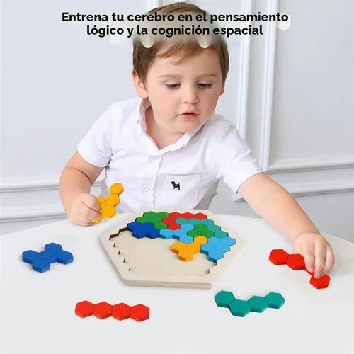 Vista 2 de Wooden Hexagon Blocks Puzzle, STEM Montessori Brain Teaser for Kids Adults