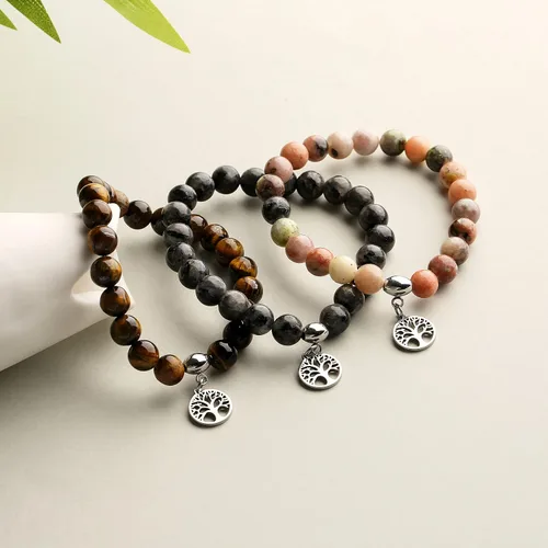 Vista 3 de Hevont Regalos de árbol de la vida para mujeres, pulseras de relajación curativas de piedra natural de 0.315 pulgadas (0.315 in), piedras de cristal