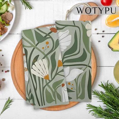 Vista 2 de Toallas de cocina abstractas bohemias, color verde salvia, diseño floral, estilo retro de los años 70, estilo botánico, moderno de mediados