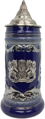 Vista 6 de OktoberfestHaus - Taza de cerveza con escudo de armas del Bayern alemán, escudo de armas con emblema de metal en color negro carbón con tapa