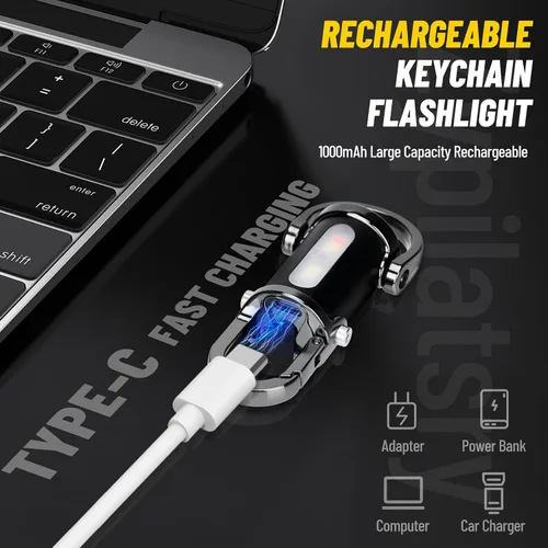 Vista 4 de linterna mini LED súper brillante de 1200 lúmenes recargable por USB, pequeña linterna llavero impermeable de rescate, para camping - Negro
