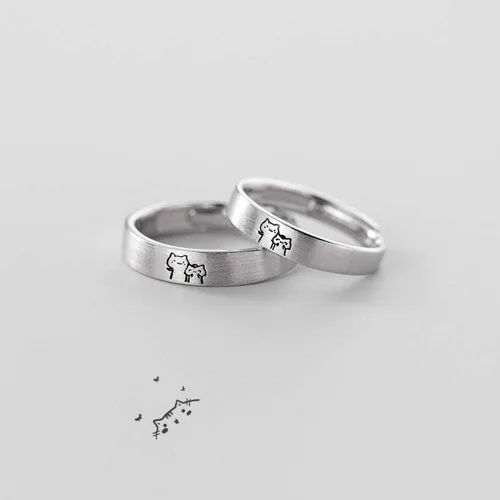 Vista 5 de Encantadores anillos de plata de ley S925 con diseño de gato, para él y ella, ajustable, para aniversario, compromiso, compromiso, amor, juego