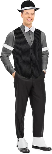 Vista 2 de Halloween 1920s hombres gángster Cosplay conjunto chaleco accesorios gángster sombrero pajarita brazaletes bolsillo reloj spats cigarro