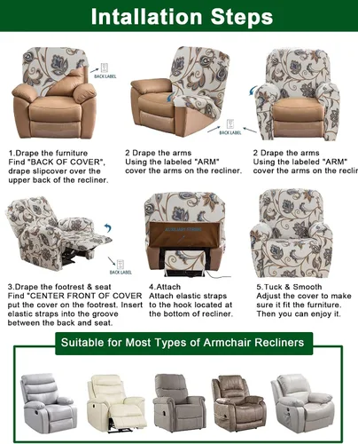 Vista 8 de CRFATOP Funda elástica para sillón reclinable, 4 piezas, fundas impresas para silla reclinable de 1 asiento, colección Fallon, protector de muebles