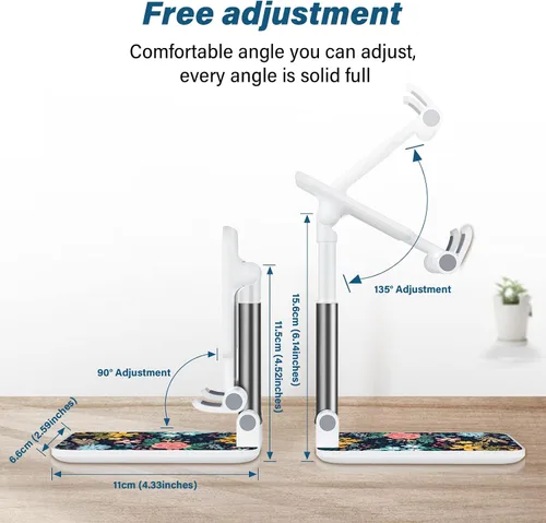 Vista 6 de Soporte de teléfono plegable para escritorio - Soporte de teléfono celular de ángulo ajustable - Adecuado para iPhone, Samsung - Flor negra