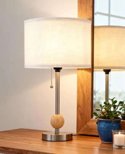 Vista 6 de Juego de 2 lámparas de mesa pequeñas, lámpara de noche de 17.7 pulgadas con pantalla de lino, cuerpo de metal, acento de madera y cadena