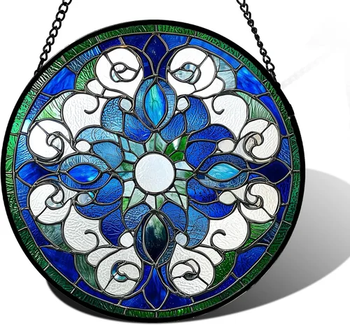 Vista 8 de DASTOLL Conjunto de 4 Piezas de Vidriera Manchada para Colgar en Ventanas Azul Océano con Árbol de Coco 16 cm - Atrapasoles para Puerta, Jardín