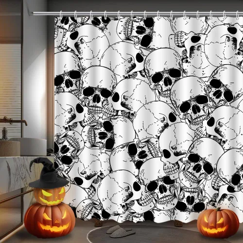 Vista 10 de MEHOFOND Cortina de ducha de murciélagos espeluznantes para Halloween, diseño de murciélago volador, cortina de baño decorativa de Halloween