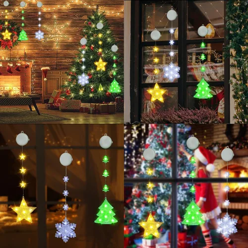 Vista 6 de 3 piezas de luces de ventana de Navidad - Decoraciones de ventana de Navidad con pilas con luces en forma de árbol, copo de nieve y estrella