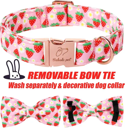 Vista 5 de Lindo collar de perro de fresa con corbatín – Collar ajustable de primavera y verano rosa con corbatín rosa, transpirable y cómodo, para perros