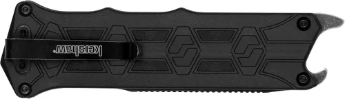 Vista 4 de Cuchillo de bolsillo Kershaw Interstellar, hoja Tanto OTF manual negra con serraduras, acabado Blackwash con mango GFN, abrebotellas y clip