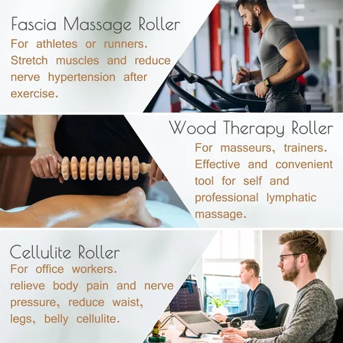 Vista 5 de Rodillo de masaje de madera para dar forma al cuerpo, rodillo de terapia de madera con 9 rodillos giratorios, herramienta de masaje anticelulítica