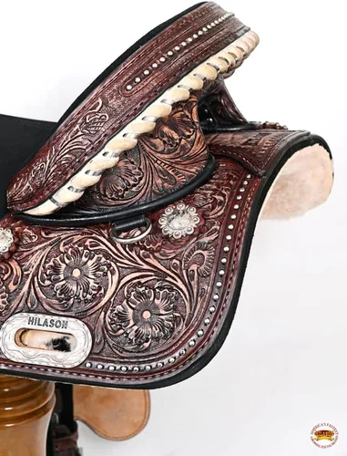 Vista 7 de HILASON Sillín de caballo sin árboles para niños, barril de cuero occidental americano, silla de montar de caballo silla de montar occidental