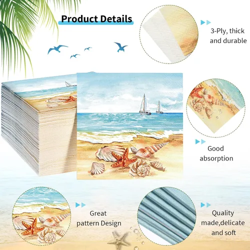 Vista 3 de 100 servilletas náuticas para invitados de playa de verano, 3 capas, desechables, de papel, toallas de invitados de playa, servilletas de cena