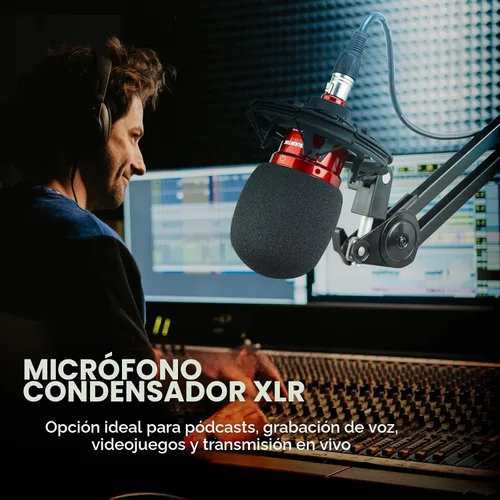 Vista 2 de SUUNTOK Micrófono de condensador XLR, micrófono de grabación con soporte de choque, kit de micrófono de estudio en casa para voz en off Rojo