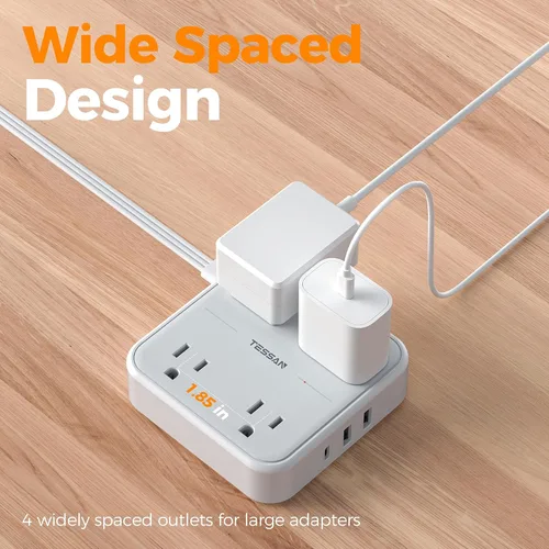 Vista 8 de TESSAN Cable de extensión plano protector de sobretensiones de 1 pie, regleta de enchufe con anillo con 4 tomas, 3 puertos USB (1 USB C), protección
