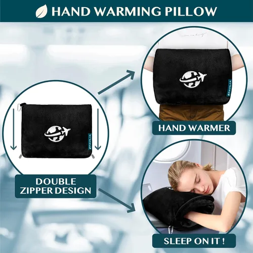Vista 5 de PAVILIA Manta de viaje y almohada, manta de avión con apertura de brazos para adultos, manta compacta de avión con agujero para el brazo, bolsa 2